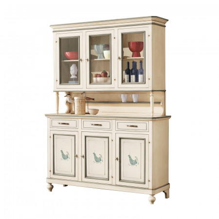 Credenza 3 ante con vetrina, decori pavoncella sarda, dettaglio piedi torniti