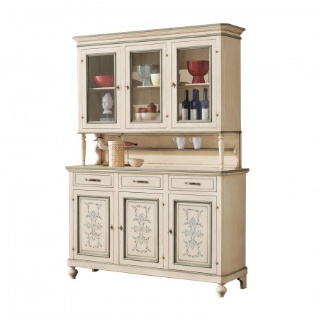 Credenza 3 ante con vetrina in legno massello shabby chic