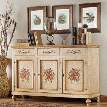 Credenza 3 porte e 3 cassetti decorata con disegni floreali
