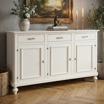 Credenza di legno con 3 porte, dettaglio piedi torniti