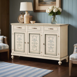 Credenza 3 porte e 3 cassetti con decorazione pavoncella sarda, dettaglio frontale