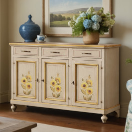 Credenza 3 porte e 3 cassetti con decorazione pavoncella sarda, dettaglio frontale