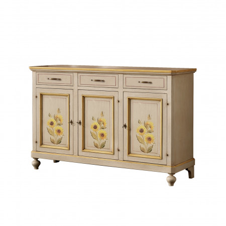 Credenza 3 porte 3 cassetti, decoro girasole, piedi torniti