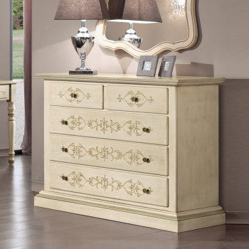 Comò 5 cassetti decorato con finitura laccata