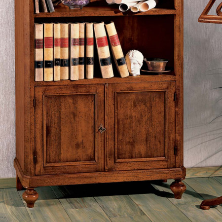 Libreria in legno con 2 porte, ripiani e piedi torniti