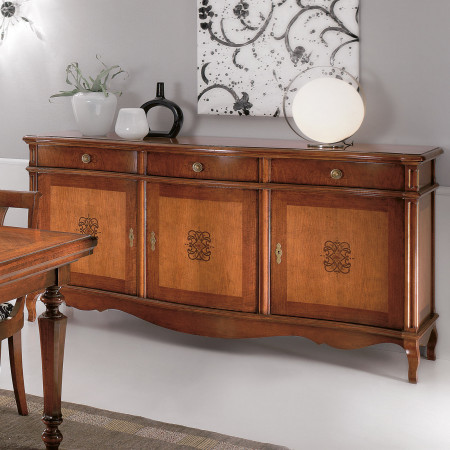 Credenza 3 porte 3 cassetti intarsiata, dettagli floreali
