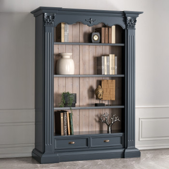 Libreria classica in legno intagliata con ripiani decorati