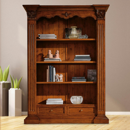 Libreria classica in legno intagliata con ripiani decorati