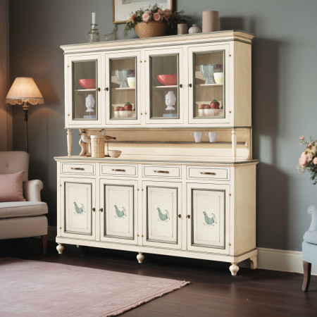 Credenza 4 ante con vetrina, decoro pavoncella sarda