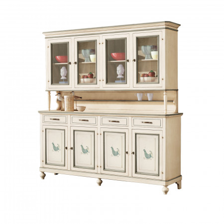 Credenza 4 ante con vetrina, decorazione pavoncella