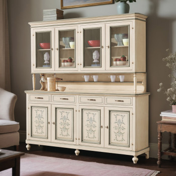 Credenza 4 ante con vetrina, decorazioni floreali
