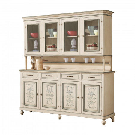 Credenza 4 ante con vetrina, decori floreali shabby chic