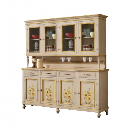 Credenza 4 ante con vetrina, decorazione girasole