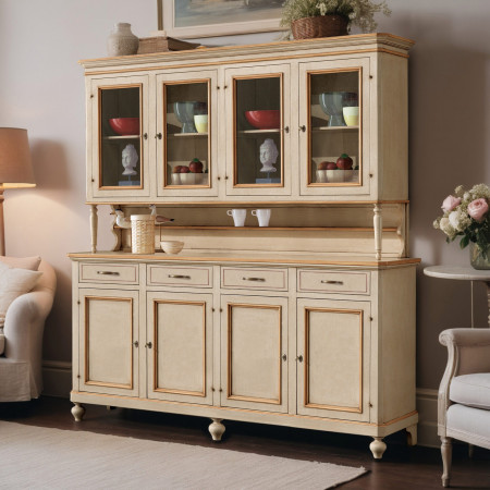Credenza 4 ante con vetrina, profili ocra e legno massello