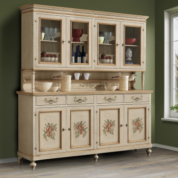 Credenza 4 ante con vetrina laccata, decorazioni floreali