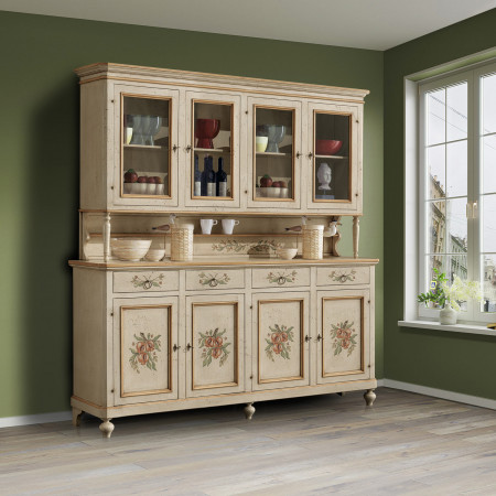 Credenza 4 ante con vetrina laccata, dettaglio floreale