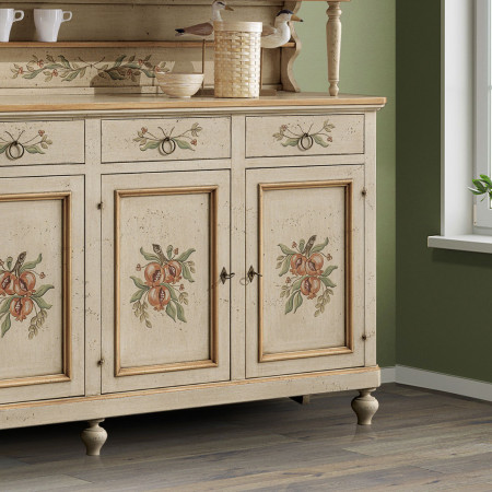 Credenza 4 ante con vetrina, piedini torniti, decorazioni floreali