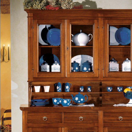 Credenza con alzata uso piattaia, dettaglio vetri
