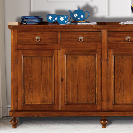 Credenza classica in legno con 4 ante e cassetti, dettaglio piedi torniti