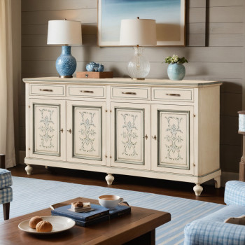 Credenza shabby chic in legno decorata con piedi torniti