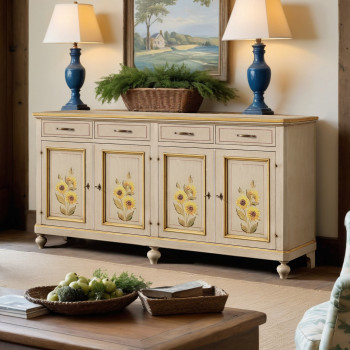 Credenza classica in legno con girasoli dipinti, 4 ante
