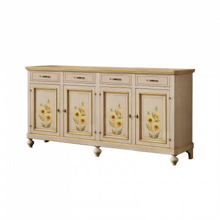 Credenza classica in legno con girasoli, 4 ante e cassetti
