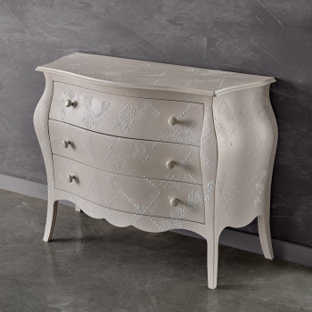 Como' bombato con tre cassetti e decorazione in rilievo