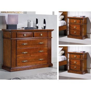 Gruppo comò e 2 comodini, legno massello di pioppo