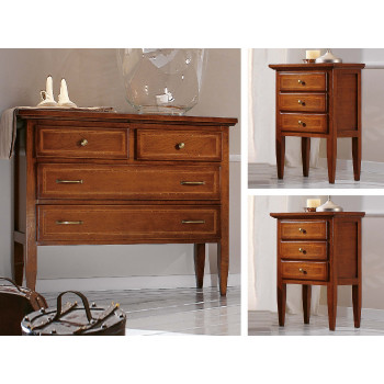 Gruppo comò e 2 comodini con gambe a spillo