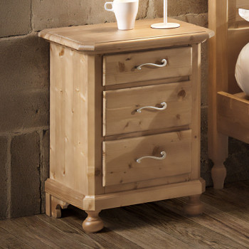 Comodino in legno massello di abete con 3 cassetti e piedi torniti