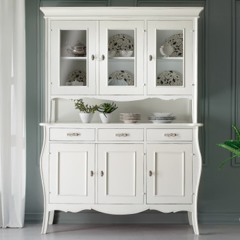 Vetrina 3 porte 3 cassetti con vetri molati, struttura in legno bianco