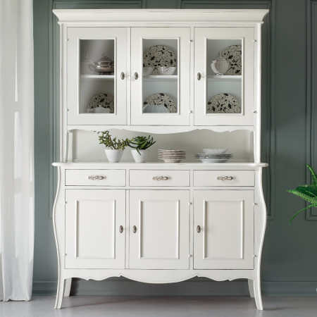 Vetrina 3 porte 3 cassetti con vetri molati, struttura in legno bianco