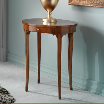 Tavolino ovale 1 cassetto intarsiato con gambe sagomate