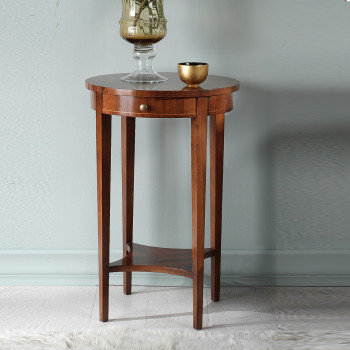 Tavolino in noce con cassetto e gambe a spillo