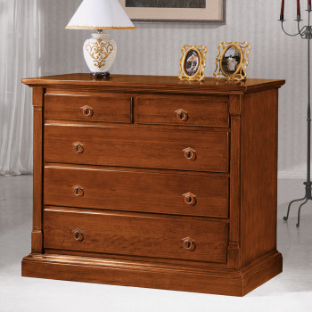 Comò classico in legno con cinque cassetti e cornici