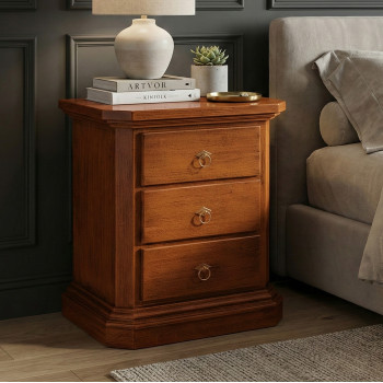 Comodino con zoccolo in legno di pioppo, dettaglio frontale