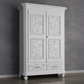 Armadio in legno con 2 ante 2 cassetti con decorazioni in rilievo