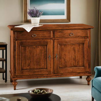Credenzina classica in legno con piedi torniti e decorazioni