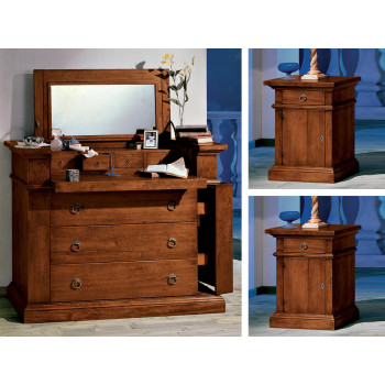 Gruppo comò e 2 comodini, dettaglio cassetti legno pioppo