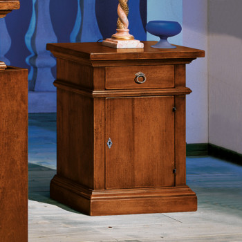 Comodino 1 porta 1 cassetto, legno massello, dettaglio colore legno