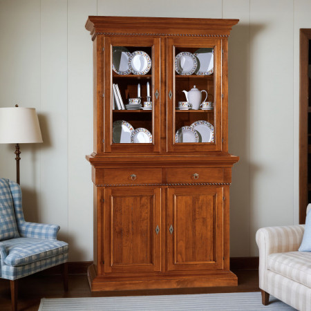 Credenza con alzata con zoccolo, legno massello vetrato