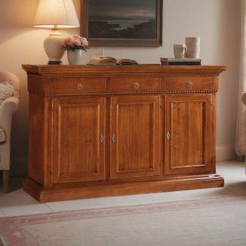 Credenza 3 ante 3 cassetti, dettaglio frontale legno intagliato