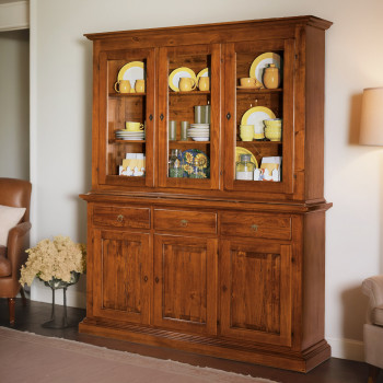 Credenza con vetrina in legno massello di pioppo con ante in vetro trasparente