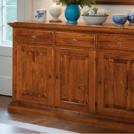 Credenza in legno massello con dettagli delle ante riquadrate