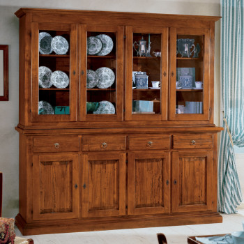 Credenza con alzata in legno massello, dettaglio vetrina