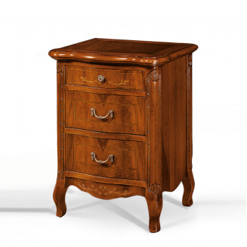 Comodino 3 cassetti gambe sagomate, dettaglio intaglio laterale