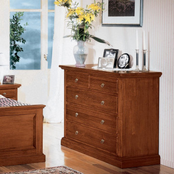 Comò 5 cassetti in legno, dettaglio del design classico