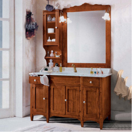 Mobile per bagno con specchiera e lampade, dettaglio legno e strutture