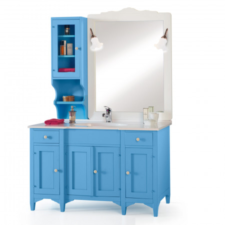 Mobile per bagno azzurro con specchiera e lampade