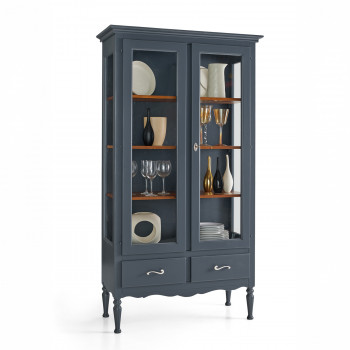 Vetrinetta 2 porte 2 cassetti in legno massello con fianchi in vetro